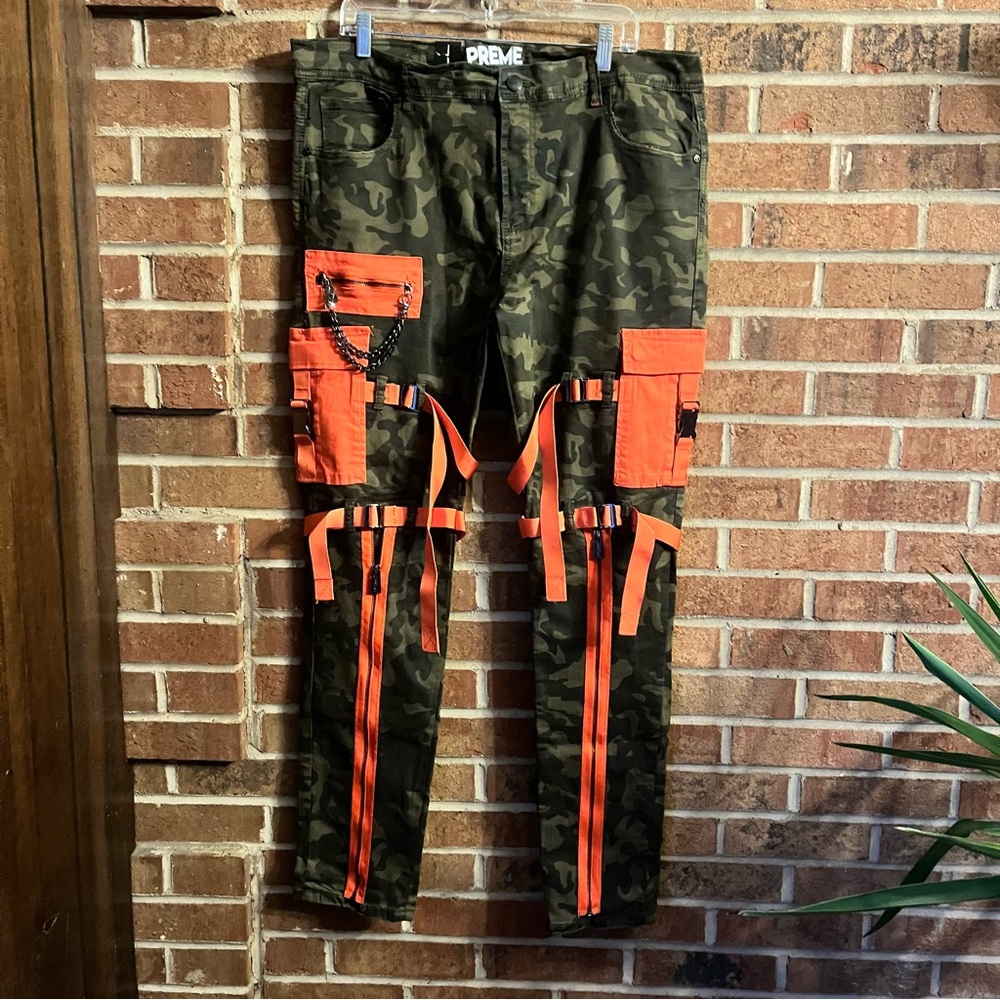 Preme Men 42x34 Camo Orange Cargo Utility Jeans Urban Streetwear Zippers Straps